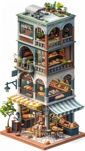 3D illustration of a bakery. Using isometrical drawing style for midjourney prompt