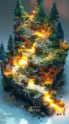 3D isometric view of fire moutain. Use isometrical drawing style for midjourney prompt