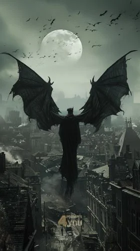 A Ghoul vampire flying in city. A dark fantasy style for midjourney prompt