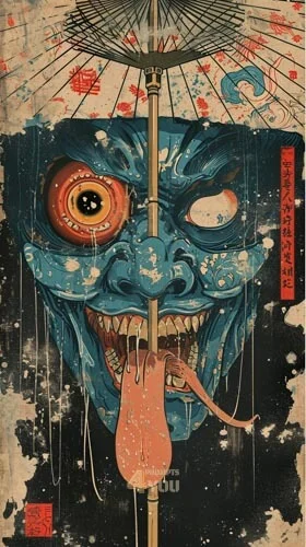 A Japanese umbrella ghost artwork created in ukiyo e art style midjourney prompt