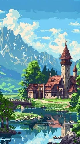 A beautiful 8 bit medieval kingdom use pixelate art style for midjourney prompt