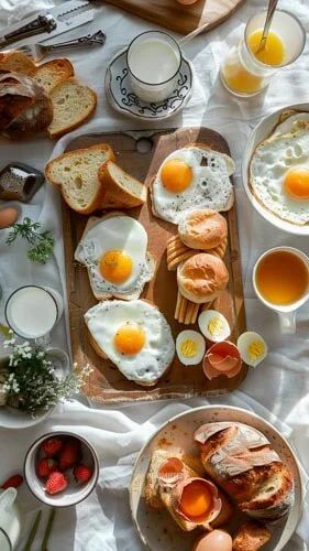 A table foods for breakfast. A food photography style midjourney prompt