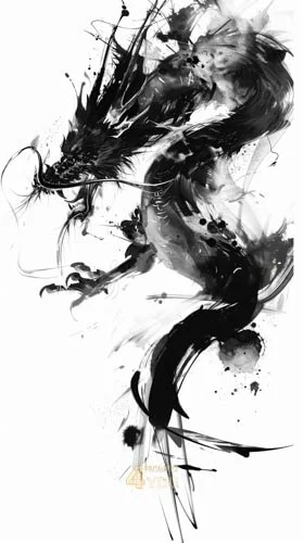 Black and white illustration of Chinese dragon created in ink art style for midjourney prompt