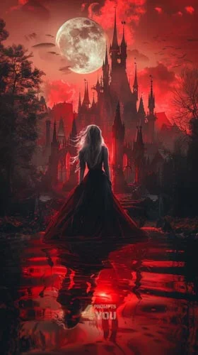 Queen from the back in a gothic dress. Dark fantasy style for midjourney prompt