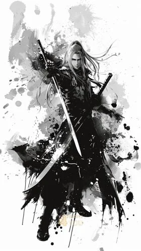 Sephiroth wielding a weapon picture created in ink art style for midjourney prompt