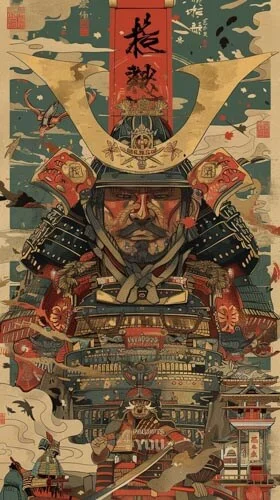 a backdrop of a samurai designed in ukiyo e art style midjourney prompt