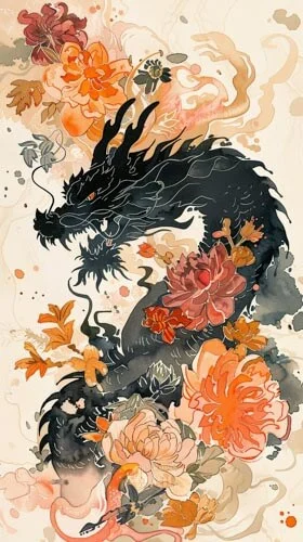 a black dragon surrounded by flowers artwork created in ukiyo e art style midjourney prompt