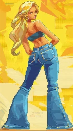 a blonde girl in blue jeans yellow background use pixelate art style for midjourney prompt