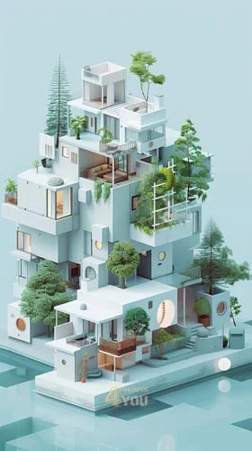 a conceptual interpretation of housing. Use isometric drawing style for midjourney prompt