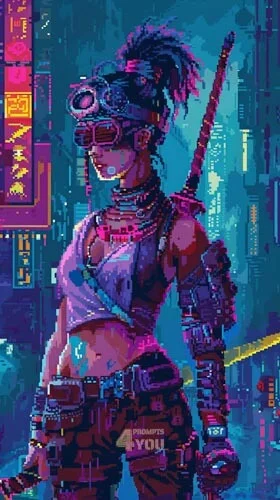 a cyberpuk woman character in pixelate art style for midjourney prompt