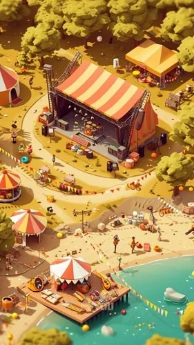 a music festival near beach photo use isometric drawing style for midjourney prompt