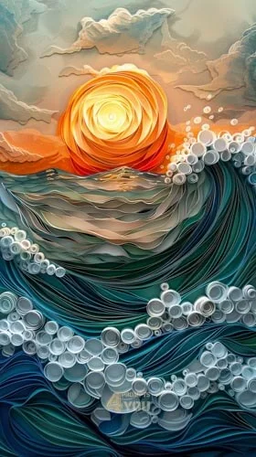 blue and green sea sunset picture use quilling paper craft style for midjourney prompt