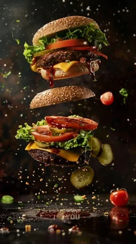 Falling hamburgers food commercial photo. A photography style for  midjourney prompt