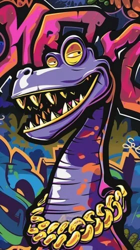 a hip hop Dinosaur with gold teeth artwork created in graffiti style midjourney prompt