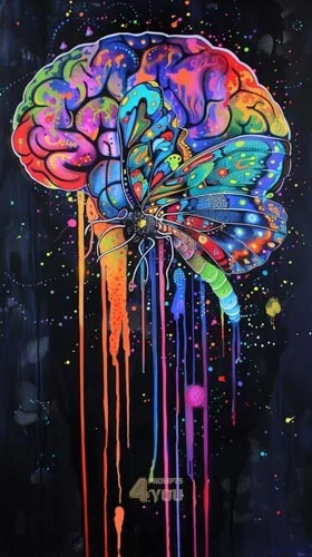 psychedelic Brain and Butterfly drawing in dripping art style midjourney prompt