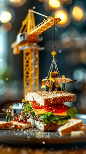 Tiny construction on sandwich commercial photo. A food photography style for midjourney prompt