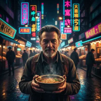 أمر MakeMyTrend: سوق طوكيو نيون الليلي لعشاق الطعام AI - لقطات احترافية