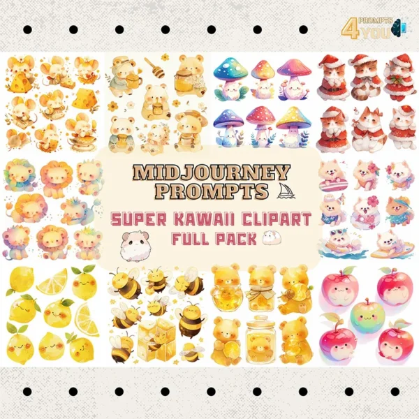 MIDJOURNEY prompts to create kawaii sticker clipart full pack